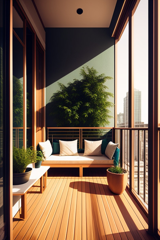 Открытый балкон с диваном и вазами с цветами