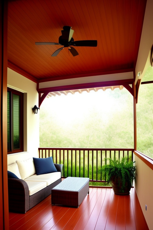 Открытый балкон с диваном, потолок и пол обшиты деревом