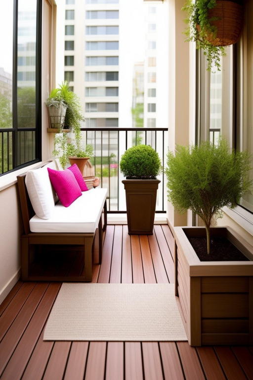 Открытый балкон с деревянным полом и много цветов