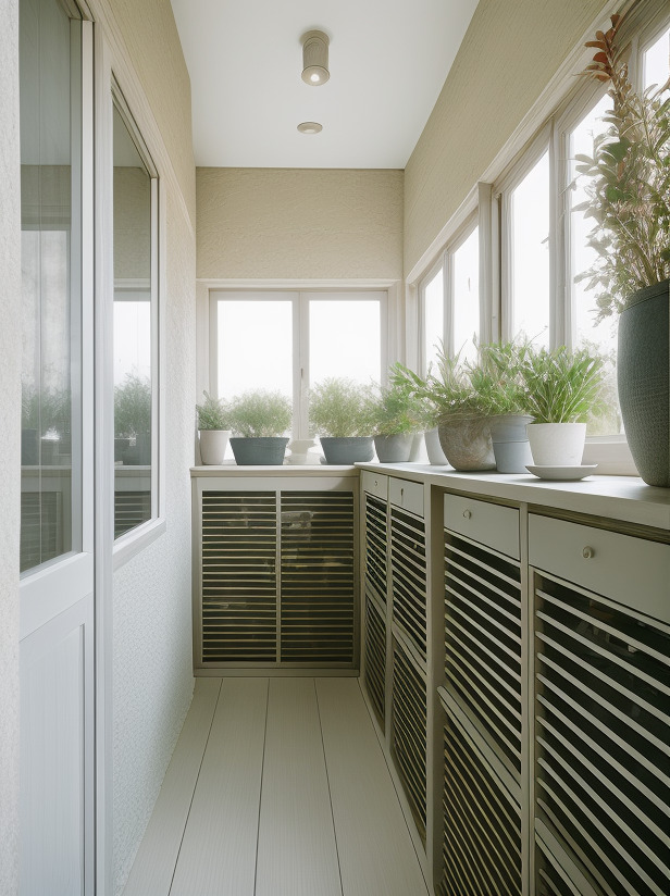 Балкон со шкафчиками и много цветов в горшках