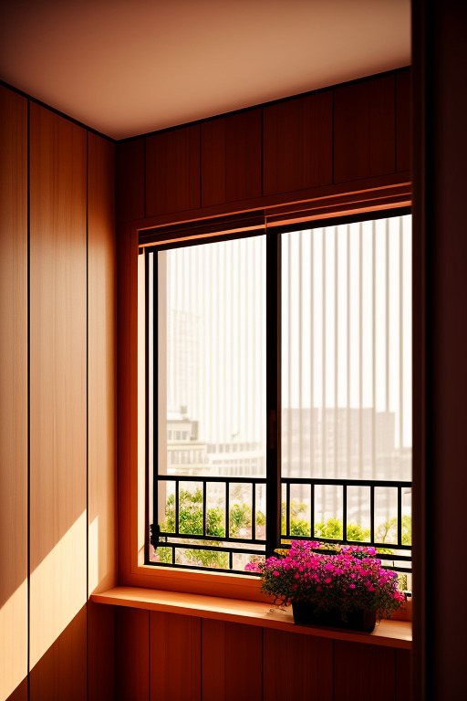 Отделка балкона темным деревом, с полкой для цветов