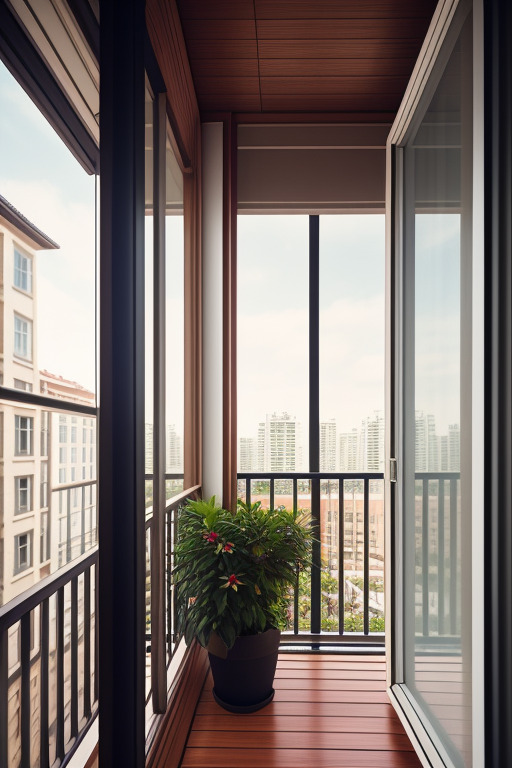 Балкон с перилами и напольной вазой с цветами