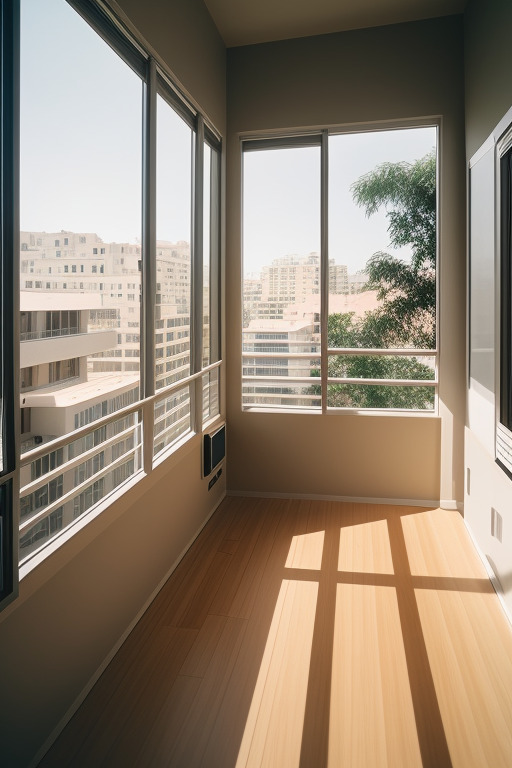 Балкон с холодным остеклением и линолеумом с расцветкой под дерево на полу