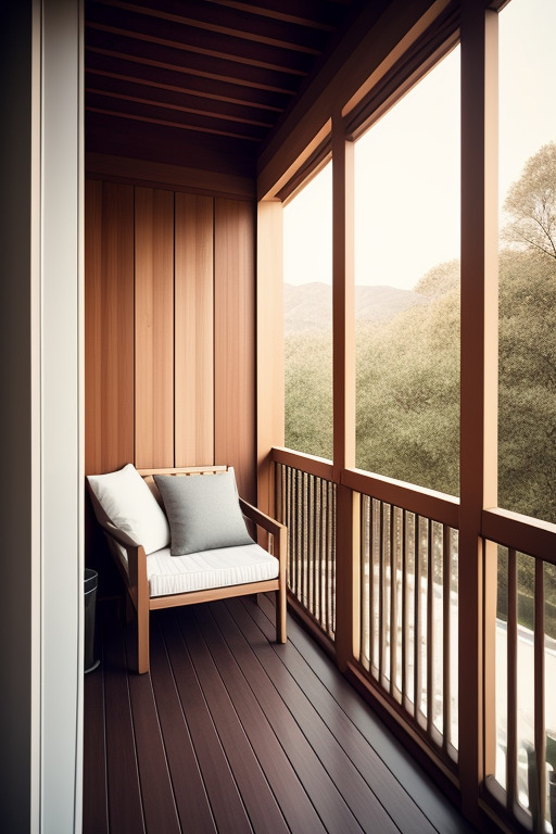 Открытый балкон обшит деревом и мягким креслом с подушками