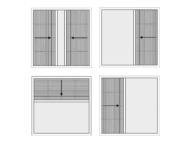 Варианты открывания москитной сетки-гармошки плиссе